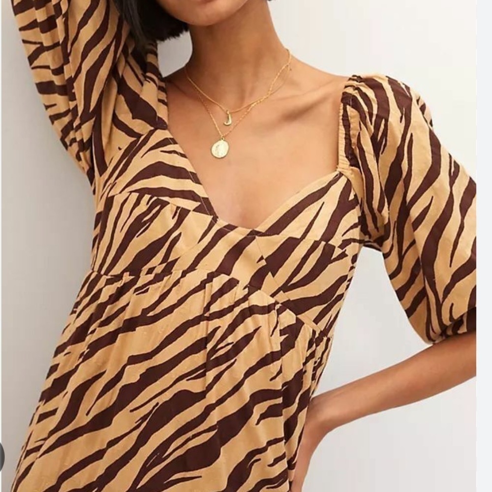 Anthropologie Brown Bustier Zebra Stripe Neutral Puff Sleeve Tiered Midi Dress S